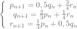 \left\{ \begin{array}{c} p_{n+1}=0,5q_{n}+\frac{3}{4}r_{n} \\ q_{n+1}=\frac{2}{3}p_{n}+\frac{1}{4}r_{n} \\ r_{n+1}=\frac{1}{3}p_{n}+0,5q_{n}% \end{array}% \right.